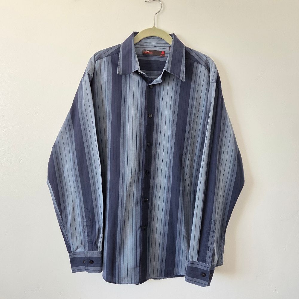 Vintage Perry Ellis America Button Front Shirt Blue Stripe 90s Jerry Seinfield L